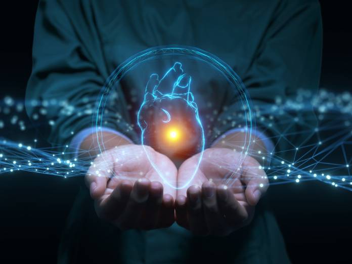 A doctor holding out their hands with a digital heart in floating above them. There's a digital web coming off the heart.