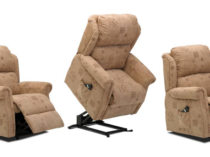 A view of the progression of a patterned tan lift chair shows it going from seated to lifted and back to seated.