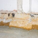 Yellow-colored insulation from water damage shown against the cement wall of a crawl space in a basement.